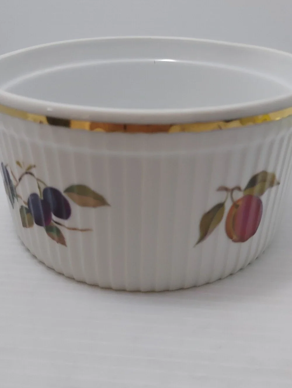 Royal Worcester Evesham White Porcelain Souffle Dish with Green and Gold Accents